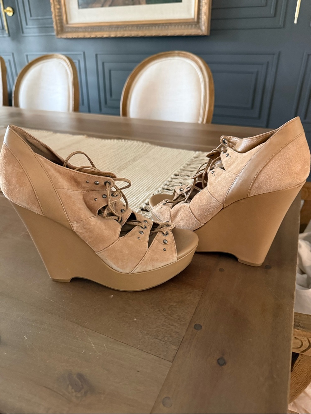 Gianni Bini Tan Lace-Up Suede Wedge Heels